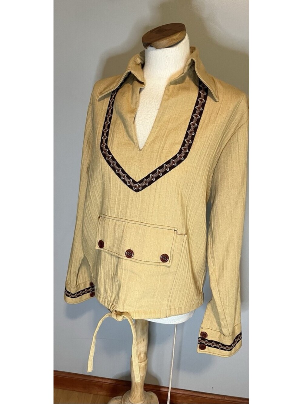 Lew Magram Vtg Western Kangaroo Pouch Shirt Unisex Xl Beige Dagger Collar Boho